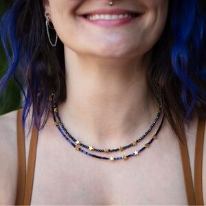 Starry Sky themed Mini Beaded choker necklace with 9 gold hematite stars